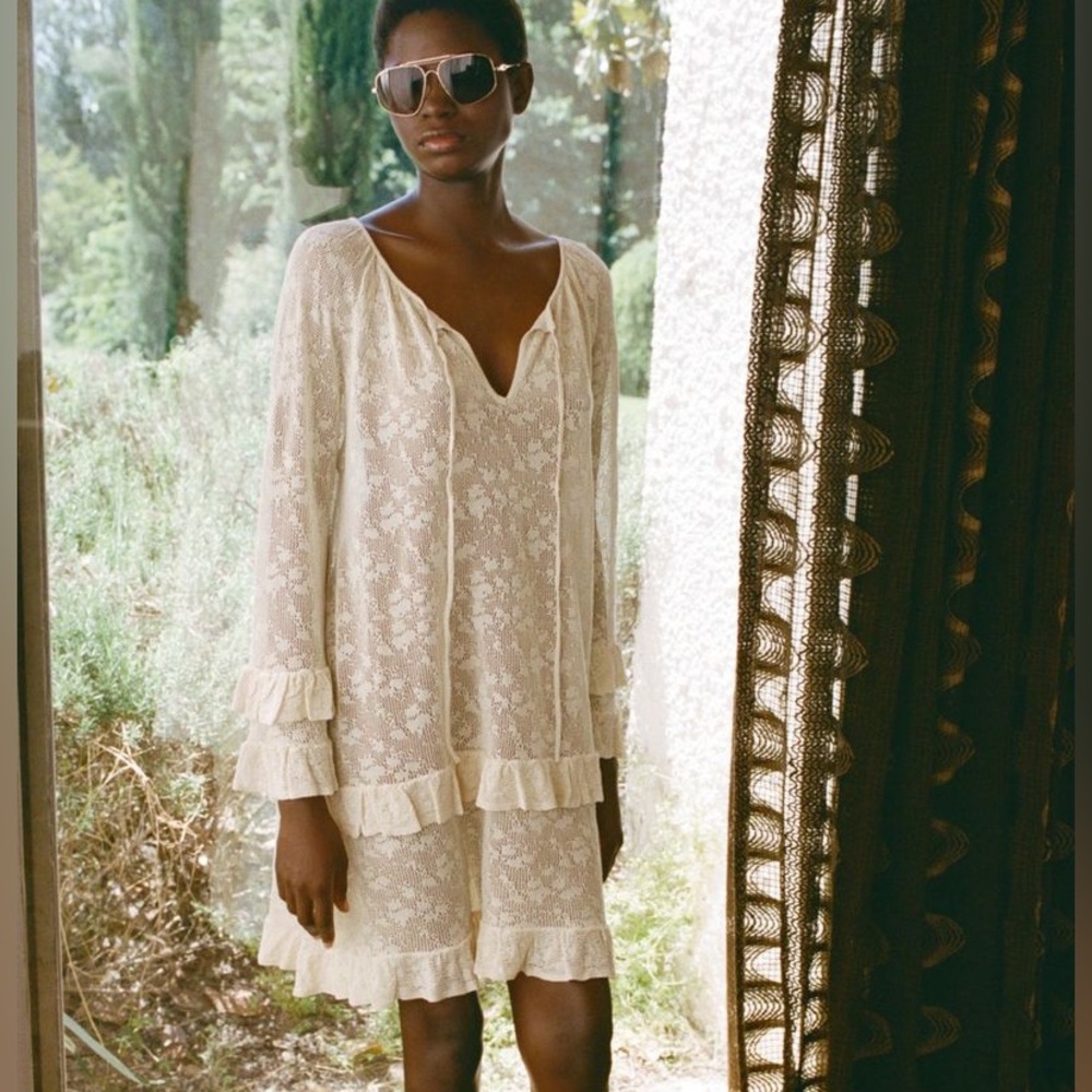 ZARA POINTELLE KNIT LONG SLEEVE RUFFLE TIERED RESORT DRESS INDIE ROMANTIC WHIMSY